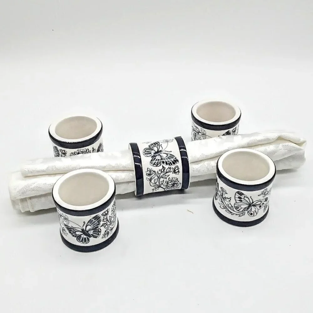 Set of 5 Black White Butterfly Porcelain Napkin Rings